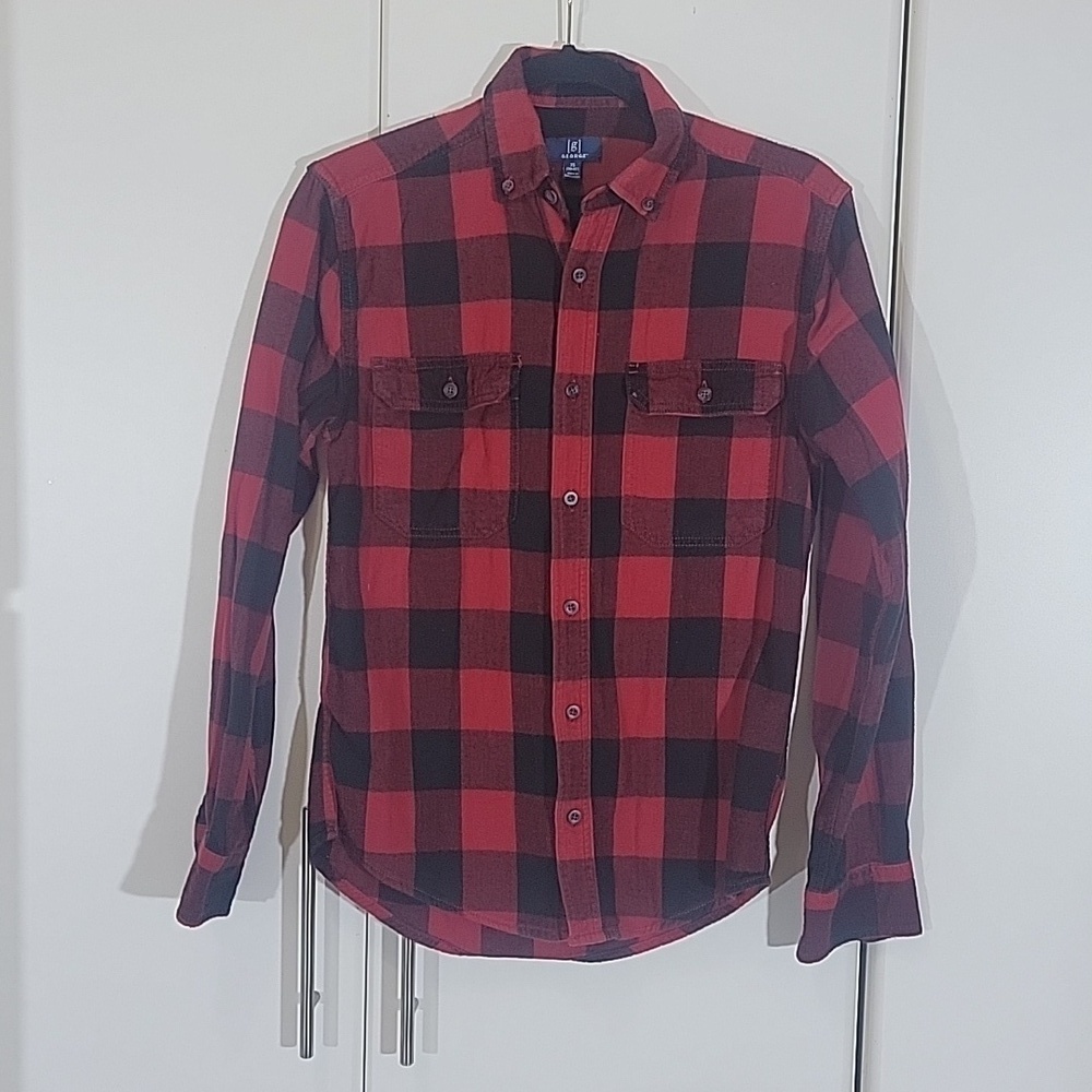 Men's George Red Flannel Plaid Long Sleeve Shirt XS